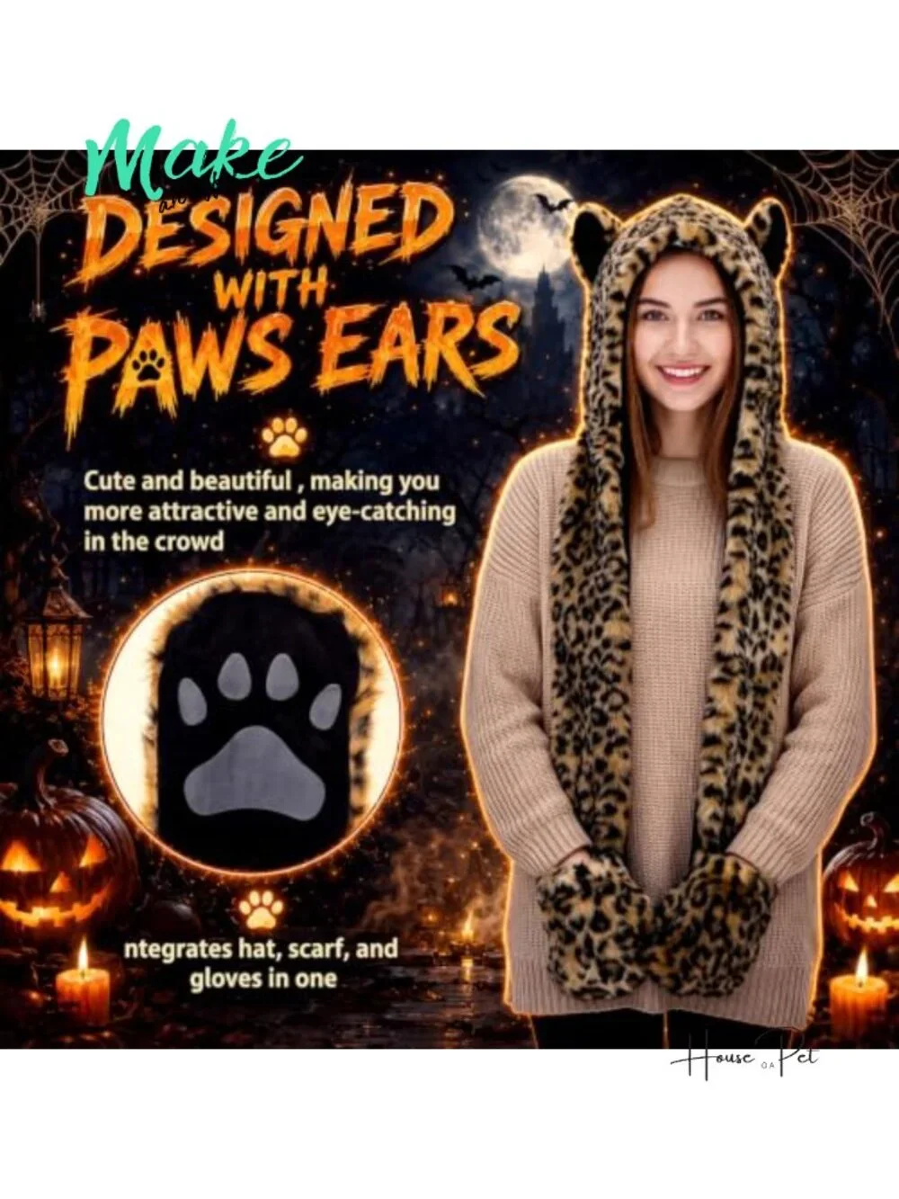 Faux Fur Animal Hood Paw Gloves 3-in-1 Cosplay Halloween Costume